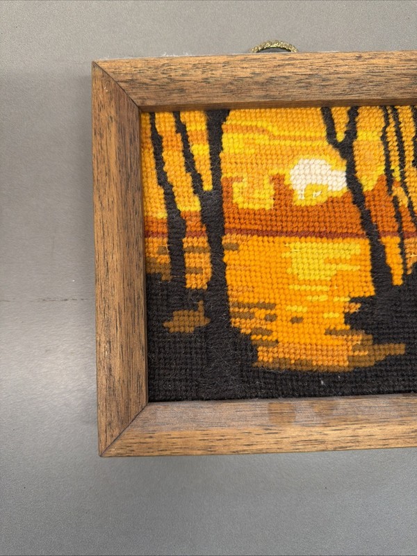 70s Embroidered Sunset Landscape Wall Art – Square Framed Textile Art Bt60 gallery