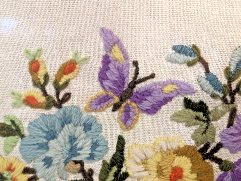 VTG Floral Colorful handmade Bouquet Basket Textile Art Crewel Framed 17 X 12 gallery