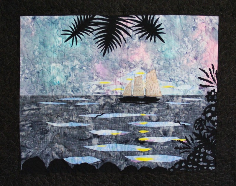 Fiber Art Wall Hanging Sailboat Sunset Blue 42 x 35