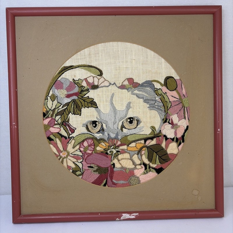 1980s Framed Embroidery Art Cat Flowers Mauve Framed Cottage granny core