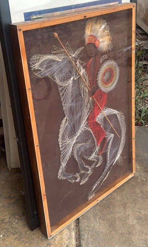 Framed Mid-Century String Folk Art of Indian on Horse 27-1/2 x 18-3/4 Plexiglass gallery