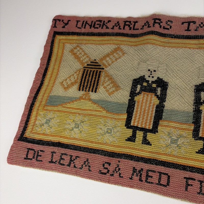 Vintage Swedish Folk Art Windmill Wool Embroidered Tapestry Textile 32" x 11.5" gallery