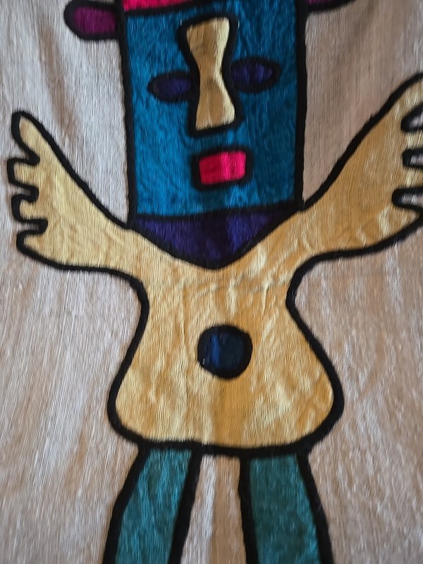Bolivian Vtg Linen & Wool Applique Figure Wall Hang Art Large 39x20" Handmade gallery