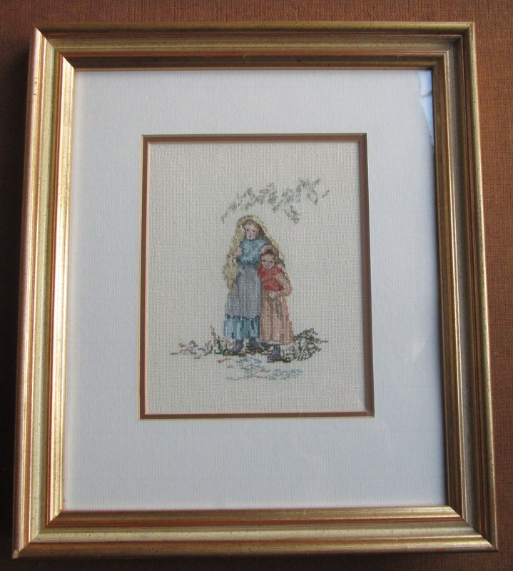 Embroidered Picture Of Mother & Child Gilded Frame Glazed Blue Dress Young Girl