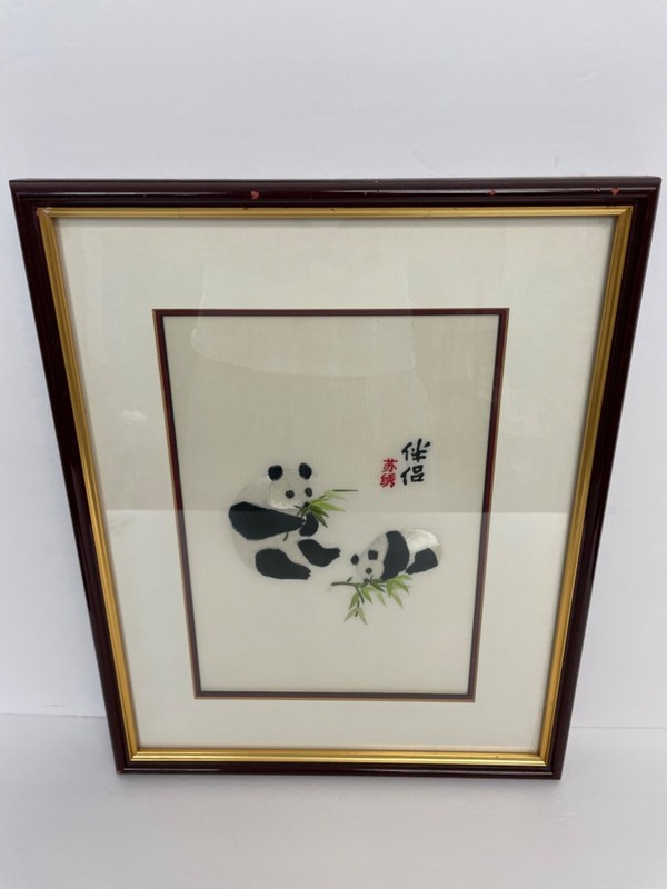 Vtg Chinese Hand Embroidered Panda Bears On Silk Eating Bamboo Signed Framed Art gallery