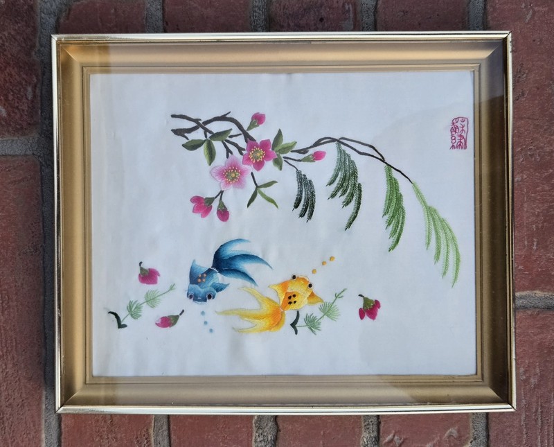 Antique Silk Embroidery With Fish Flowers Tree Branches Beautiful gallery