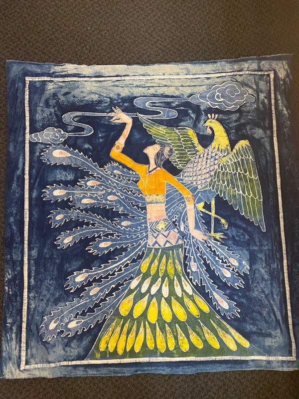 Vintage Peacock Birds Goddess Batik Fabric Art 33.5“ x 35” gallery