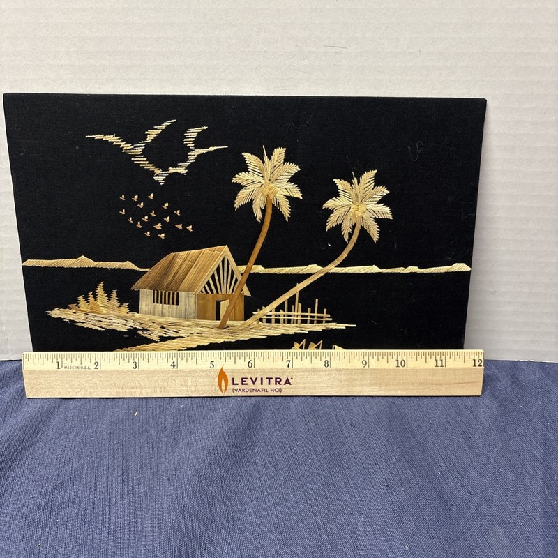 Hand-Crafted ASIAN SILK & STRAW BAMBOO FRAMED ART~ House by River 11x14 gallery