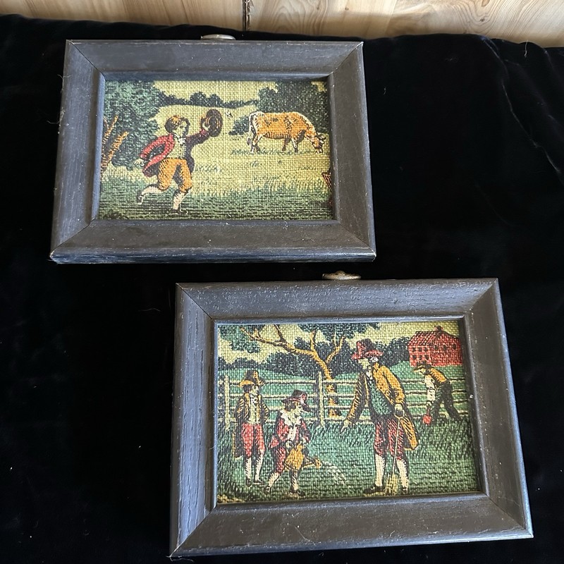 1950s Kay Dee Mid Century Pair Mini 100% Linen Farmhouse Handprints Made In USA gallery