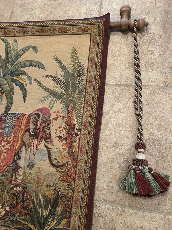 Vtg French L’Elephant Wall Tapestry with Wooden Rod Tassels 28.4x37.4 Large gallery