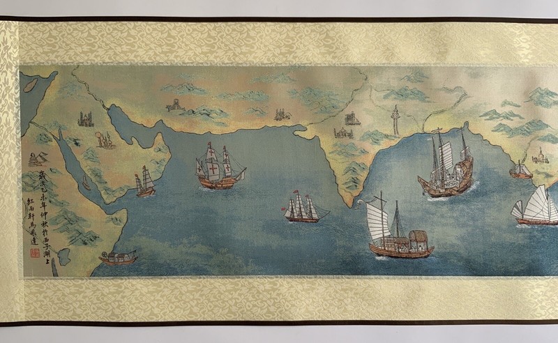 Chinese Large Long Silk Scroll Vintage Belt and Road Painting Scroll Box 71” gallery