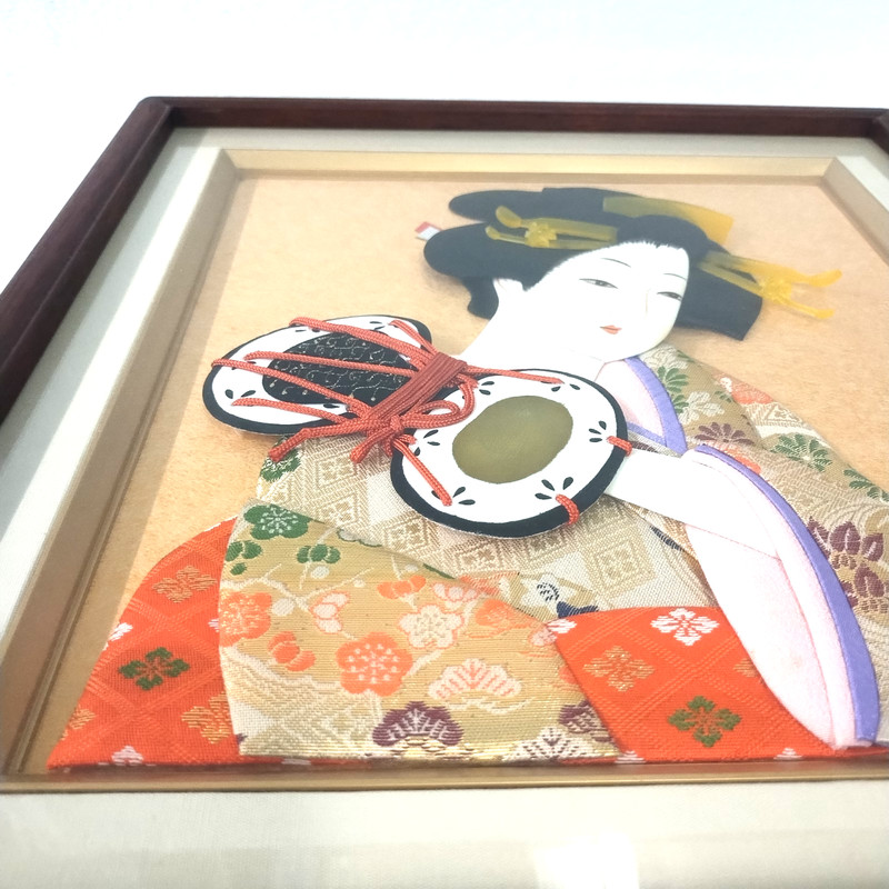 Japanese Geisha 3D Shadow Box Silk Porcelain Kimono Wall Art Wood Frame 13"x14" gallery