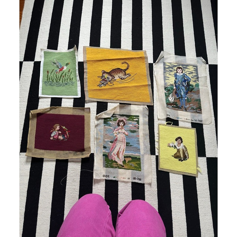 Vintage LOT 6 Needlepoints Completed blue boy cat victorian gallery accent wall