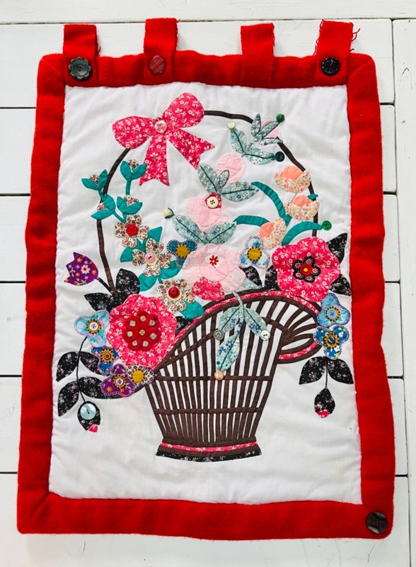 Vintage Quilted Flower Wall Hanging: Fabric Buttons Textile Floral Basket Art