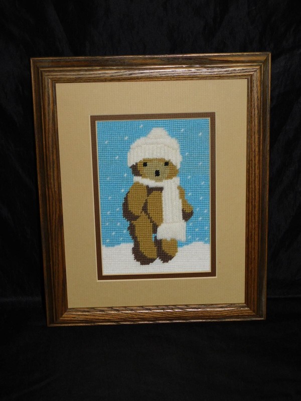 Winter Teddy Bear Snow Framed Needlepoint Picture Completed Scarf Hat Framed
