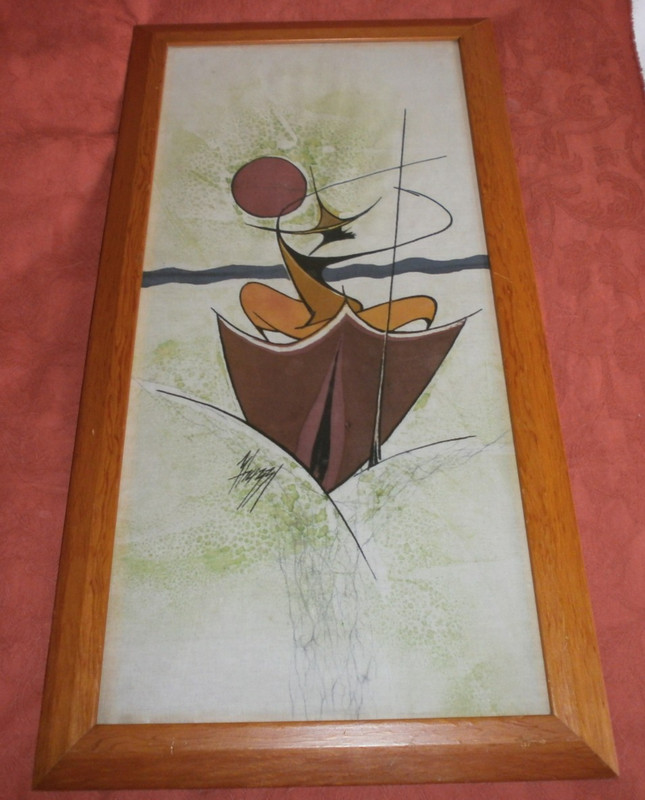 VINTAGE AFRICAN BATIK FRAMED PAINTING ‘BOAT MAN’ SIGNED ALICE MBAZZI / UGANDA
