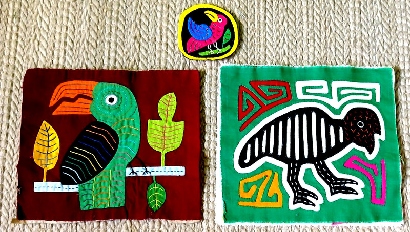 Lot of 3 Kuna Mola Textile Art Panels Abstract Birds Design Colorful Folk Art