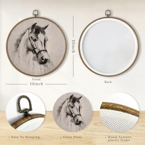 Vintage Horse Sketch Round Framed Wall Art Decor - Rustic Round Farmhouse gallery