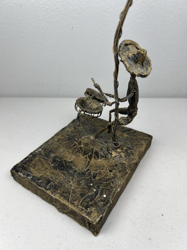 Vintage Wire Folk Art Sculpture Drummer Under Palm Signed Barbados Mixed Media gallery
