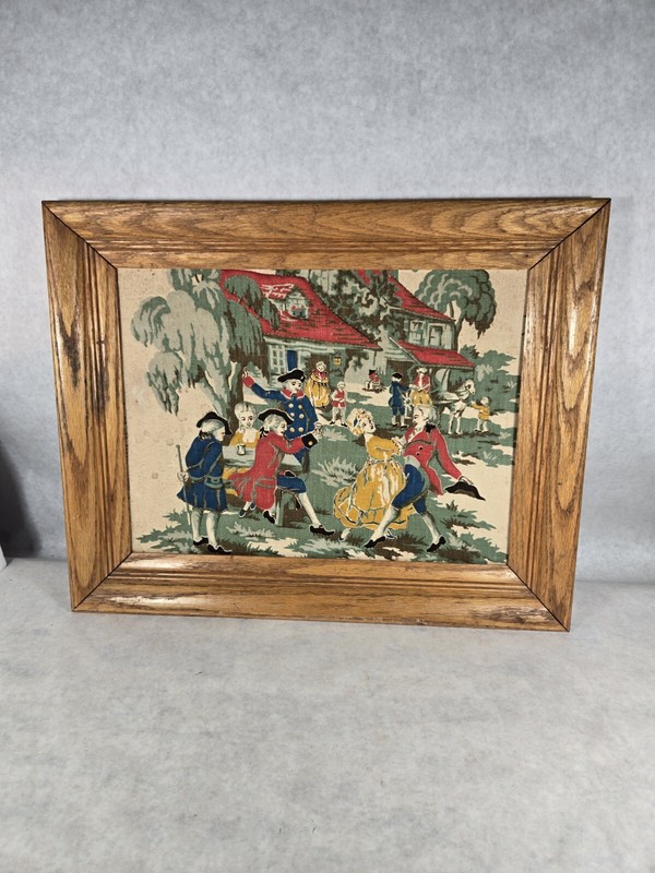Vintage 3D Stuffed Fabric Colonial Plantation Fabric Framed Picture H20″xW16″