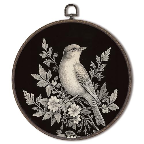Vintage Rustic Bird Floral Round Framed Wall Art Decor, Dark 10″L x 10″W Black