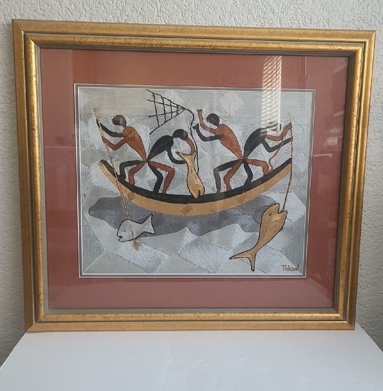 Vintage African Original Silk Tread fishing boat signed ABDU THIAW 19″ ×15.5″
