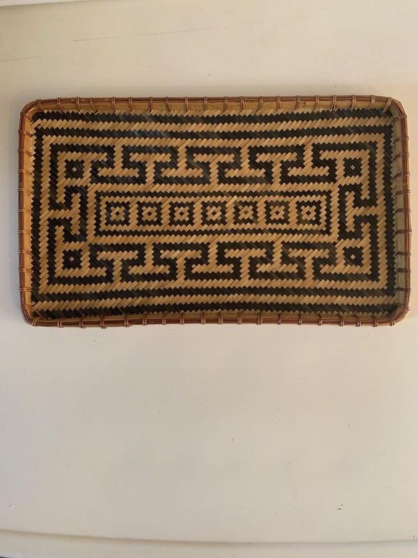 Vintage Wicker Rattan Aztec Tobacco/Brown Wall Decor Jewelry Tray 14.5 x 8.5”