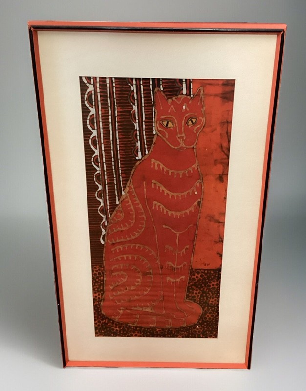 Orange Cat Batik Cloth Fabric Hand Made Art 33 X 18.5 in Framed