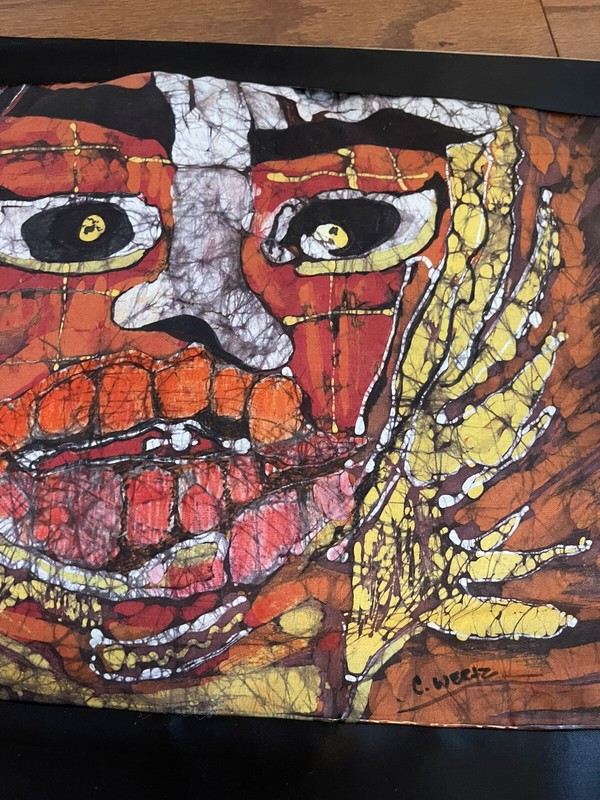 Vtg Bali Batik Dyed Fabric Art Tribal Face Matted Pictured ~20x16” Signed gallery