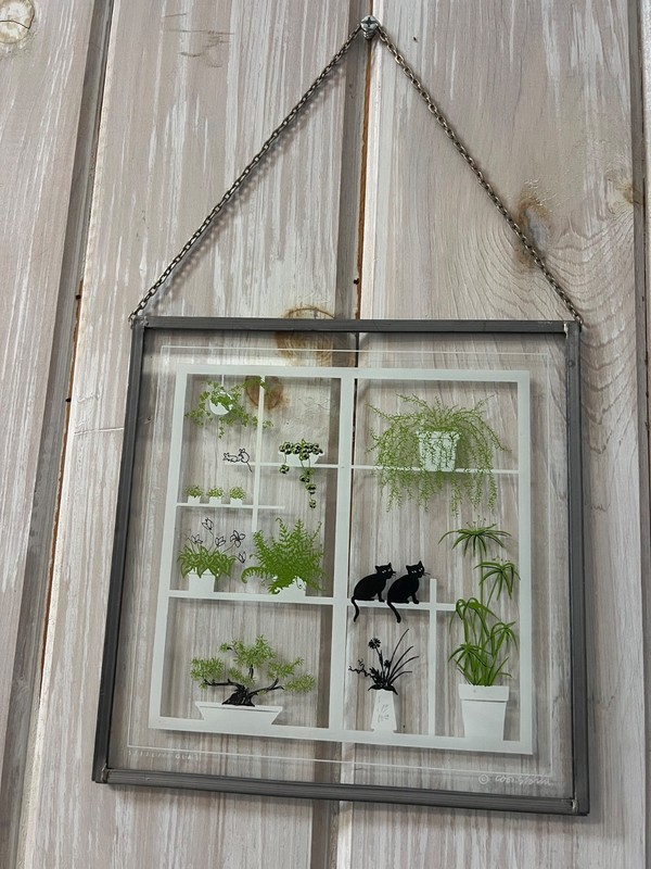 Decorative Art wall hanging framed glass panel w/ potted plants cats & mice 8” gallery