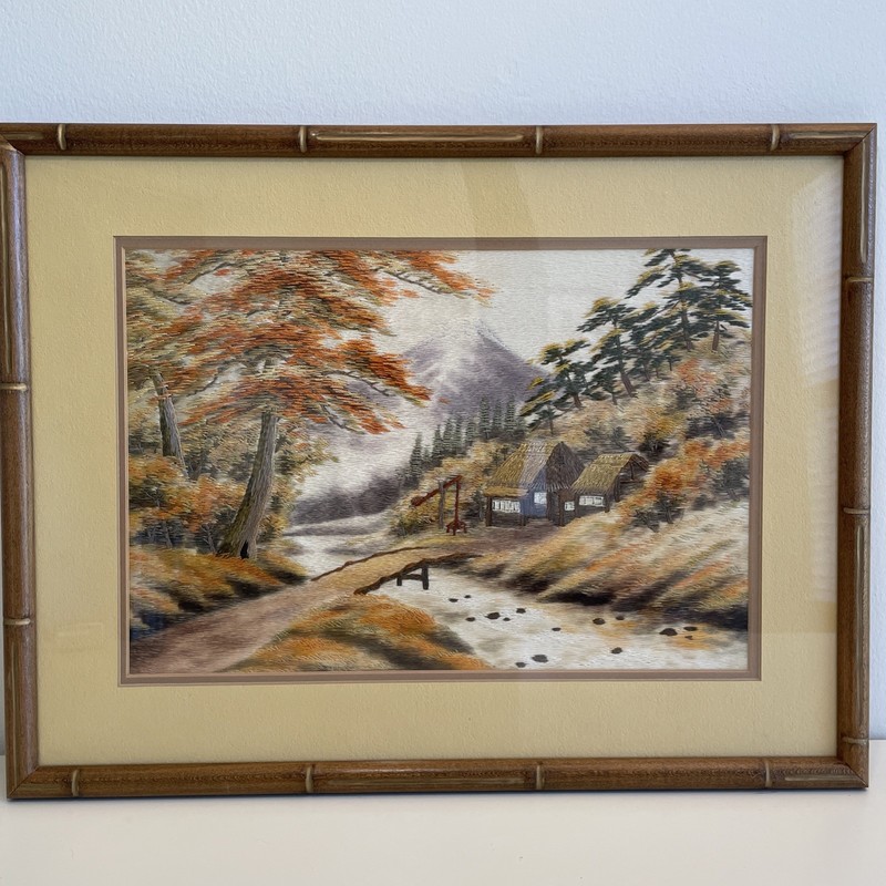 Vintage Japanese Silk Embroidery Pictures Mountain Stream Bridge House - Pair gallery