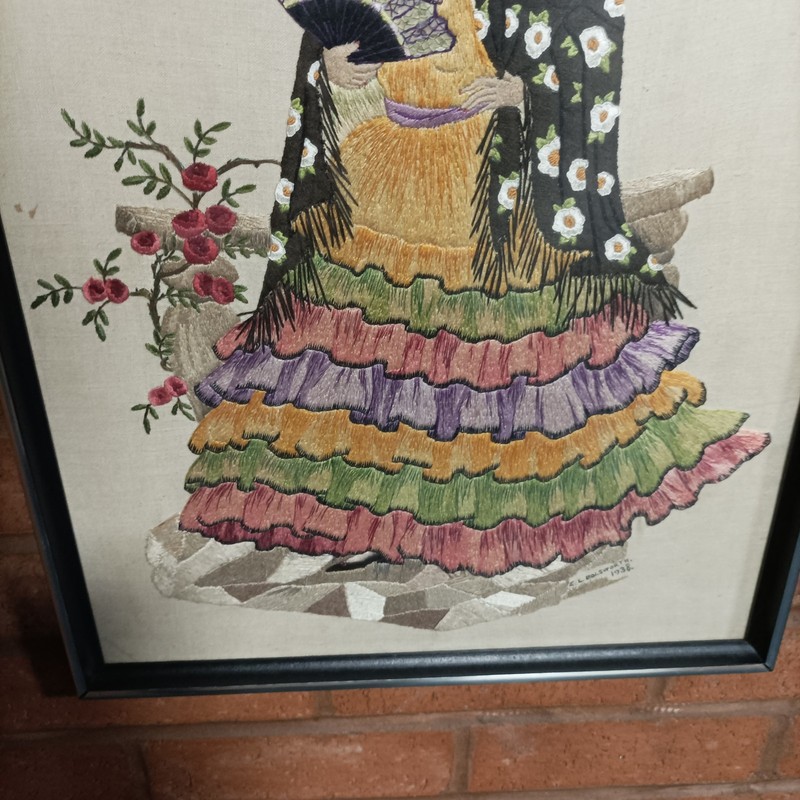 Large framed embroidered Tapestry picture of Spanish flamenco dancer Signed 1938 gallery
