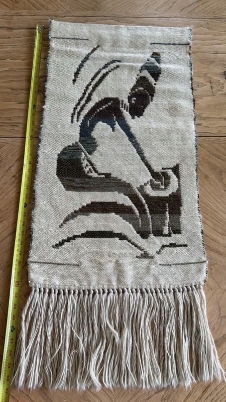 Intarsia Woven Wall Hanging African Folk Art Figure green blue Reverse