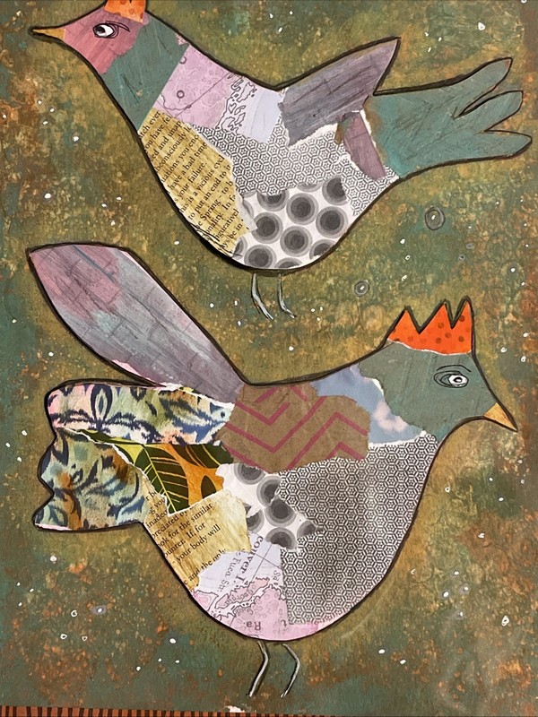 Original Mixed Media Assemblage Paper Bird Mosaic Matted 16X20 gallery