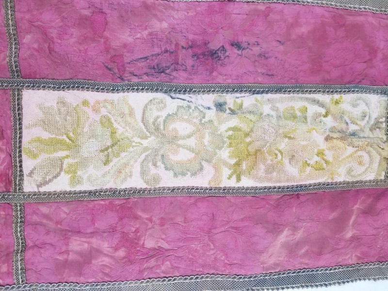 Antique French Silk Damask & Petitpoint Patchwork Textile 177x46cm gallery