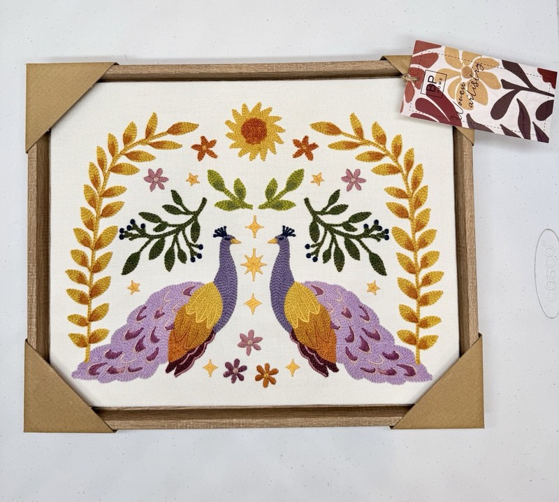 NEW BP Home Woven Embroidery Wall Art Décor Warm Vibrant Peacocks Floral 12″x15″
