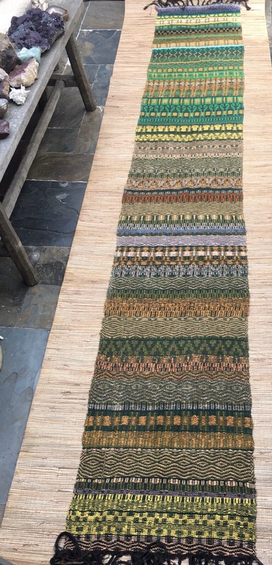 VINTAGE WEAVING TEXTILE FIBER ART WALL HANGING TABLE RUNNER 10’ GREEN CA ARTIST