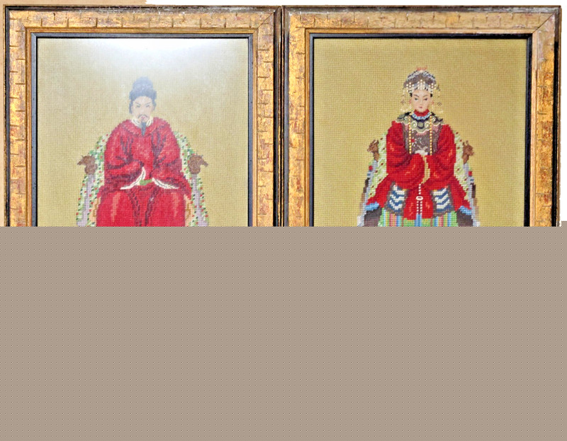 PAIR of Chinese vintage handmade Needlepoint- Of Emperor And Empress- Framed