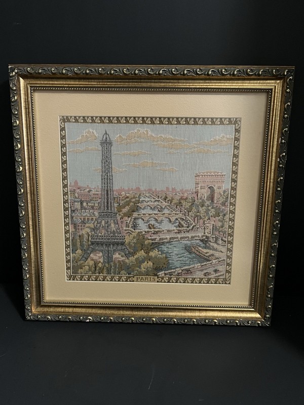 Vintage Framed Tapestry of Paris Effil Tower & River Scene Silk Embossed