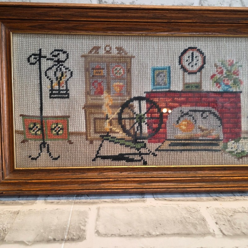 Needlepoint Vintage Grandma's House Fireplace, Cat, Custom Framed 10"x22" 1964 gallery