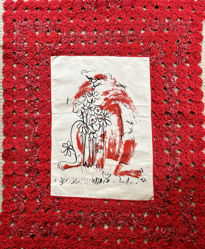 UNIQUE Art Panel Yo Yo Quilt 55” x 44” Red, Black, White