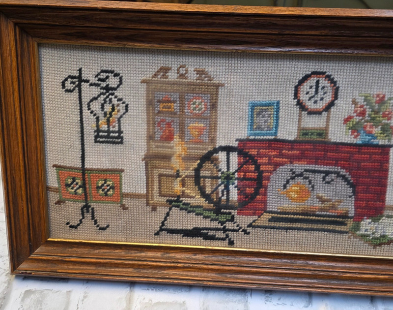 Needlepoint Vintage Grandma's House Fireplace, Cat, Custom Framed 10"x22" 1964 gallery