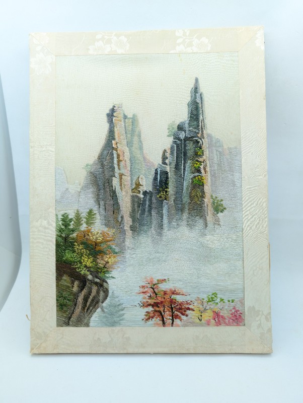 Vtg Asian Silk Embroidery Art Mountain and Trews Natural scenery on Board READ