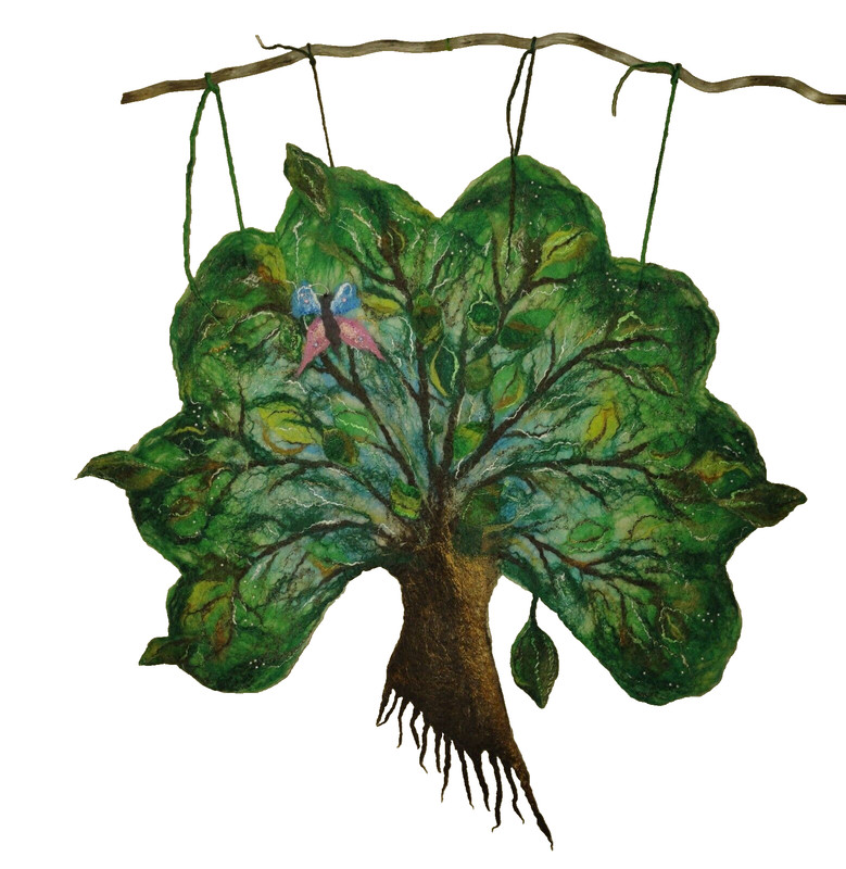 Handmade Felted Picture, Original Wool Panel for Wall, Tree with Butterflies