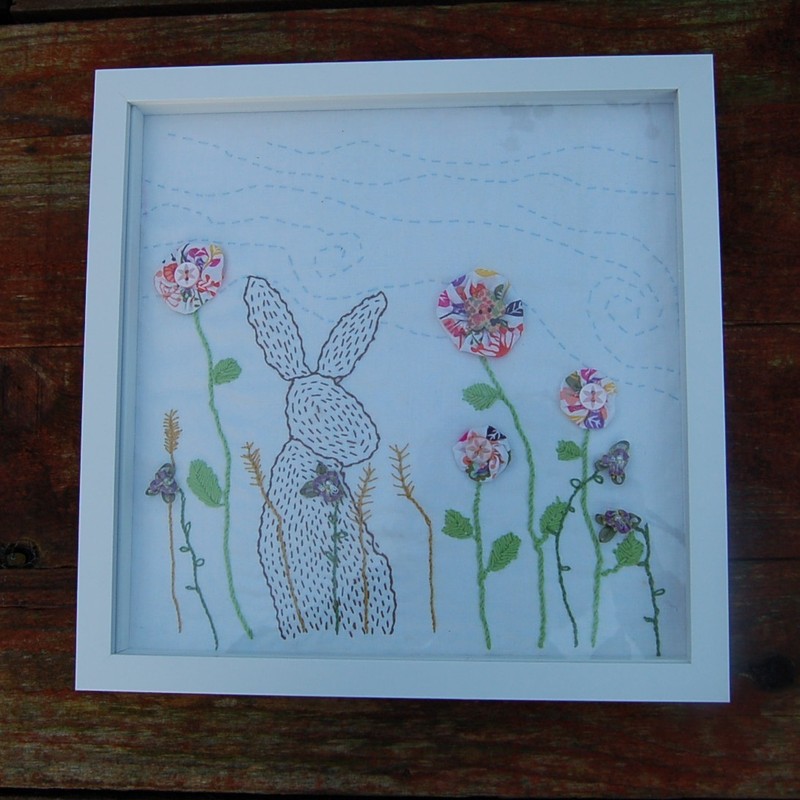 Hand Stitched Hare picture. Textile art hand embroidery.