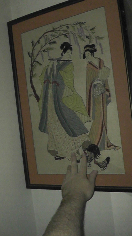 framed asian art textile playing flute chickens