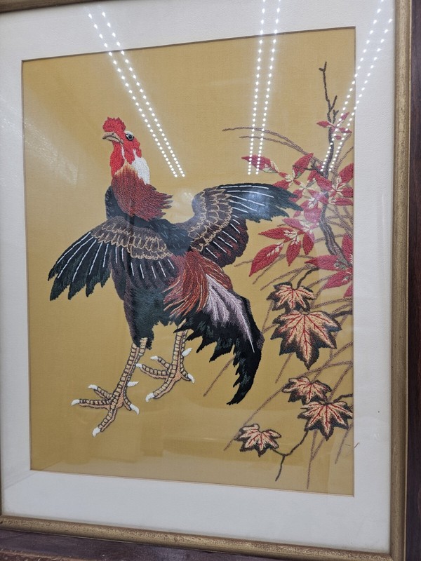 Mid-Century Handcrafted Needlepoint Rooster Sampler Wall Art Custom Wood Frame