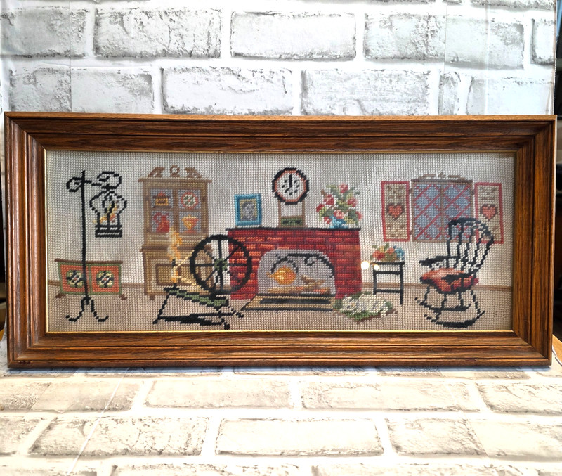 Needlepoint Vintage Grandma's House Fireplace, Cat, Custom Framed 10"x22" 1964