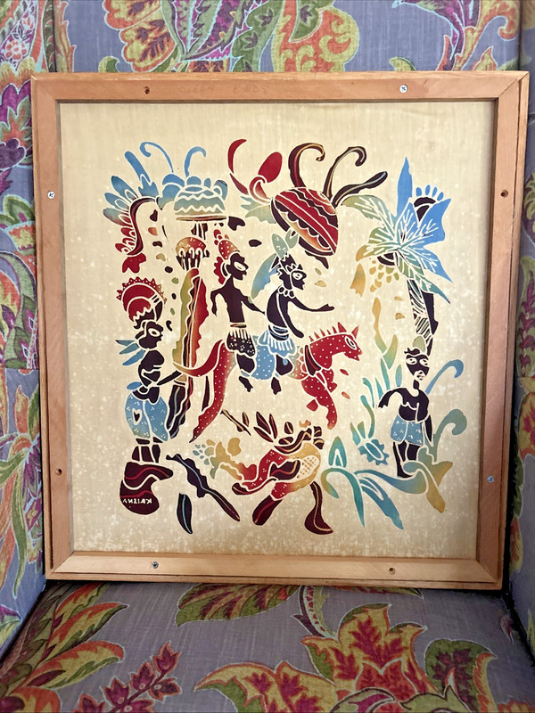 Vintage Batik Textile Stylized Figures Indonesian Art By Krishna Framed 18" X19" gallery