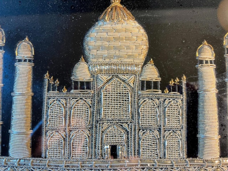 Framed Black Velvet India Taj Mahal Silver Metallic Zardozi Fabric Embroidery gallery